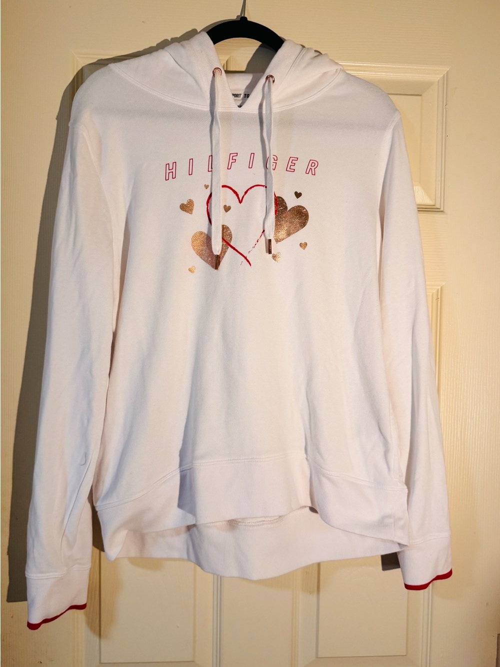 Tommy Hilfiger White Hoodie with Rose Gold Heart Graphics XL